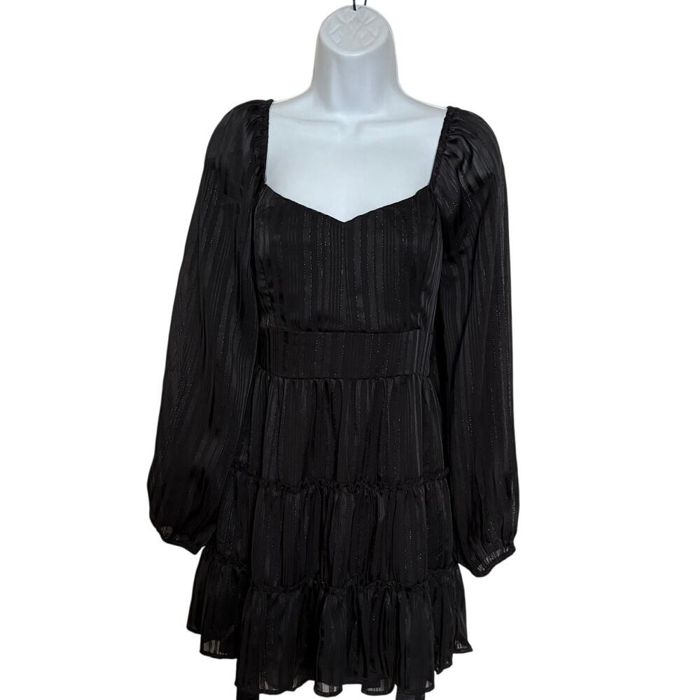 Altar'd State Mini Blk Dress with Tiered Skirt and Subtle Striped Pattern Size L